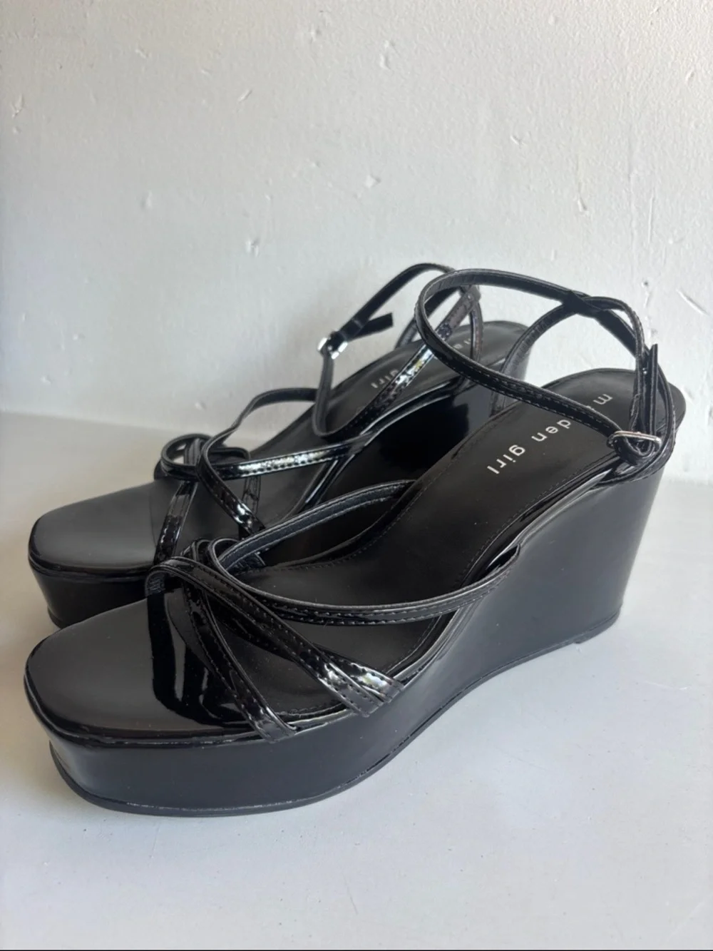 Madden Girl Mya Black Patent Wedge Sandals